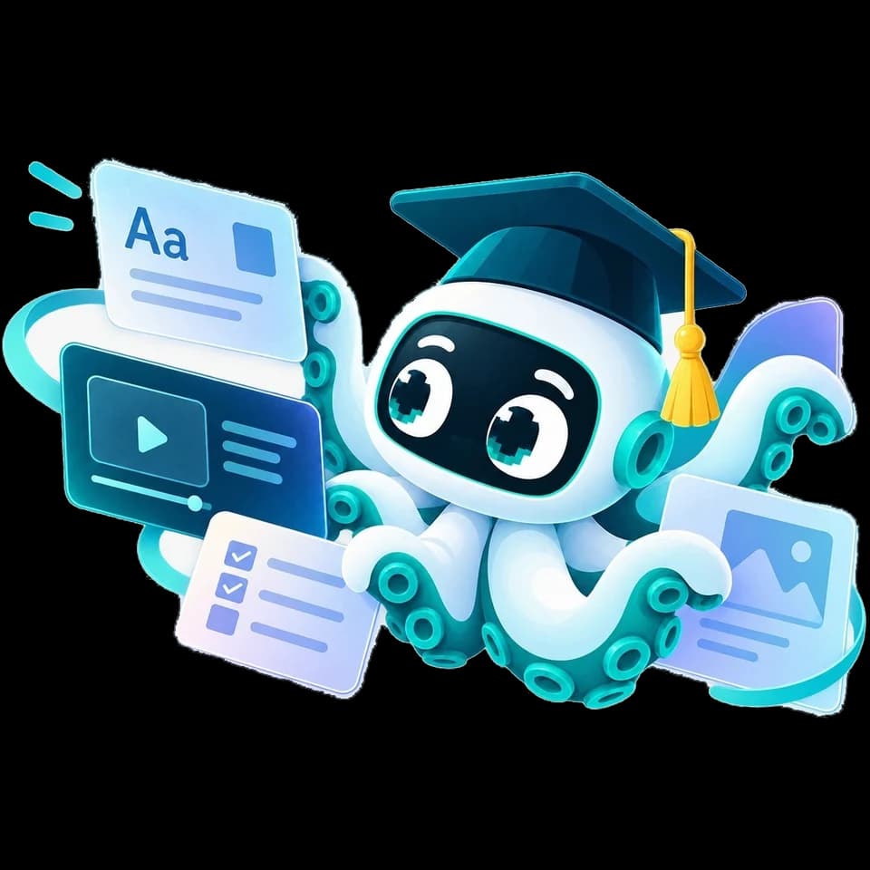 The Yalkut mascot, a friendly robot octopus in a graduation cap, juggling a lesson, a video, a quiz, and an image.